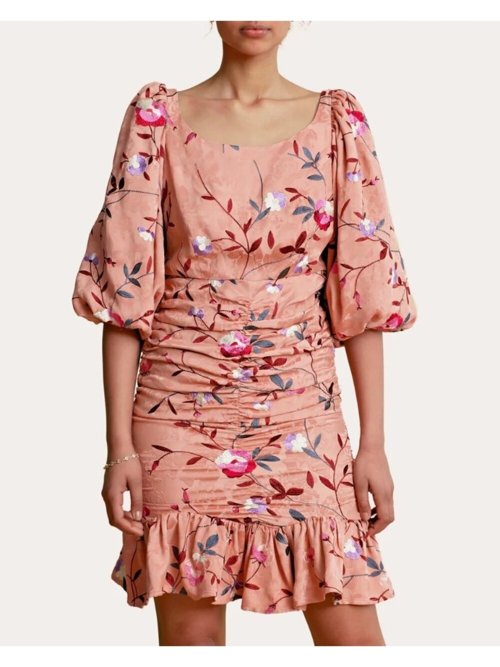 🆕 By TiMo Ruched Floral Embroidered Jacquard Mini Dress Medium